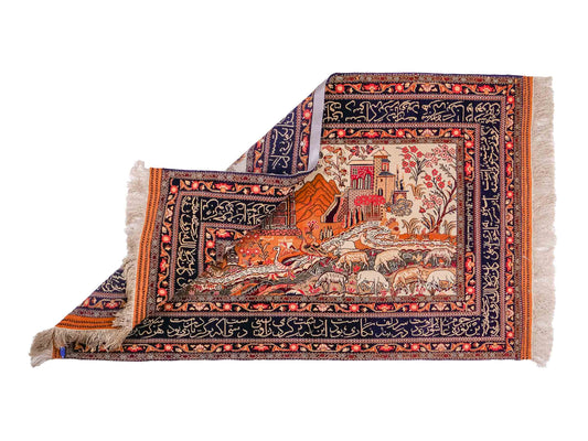 Handgeknüpfter Afghan Orientteppich von Khademi aus Wolle, beige-navy. Klassischer Wandteppich mit Bildmotiv. Bildteppich, traditionell von Hand geknüpft in Afghanistan. Größe: 195 cm x 128 cm. Teppichnummer: SB3-1122 | Jupiter Intl.