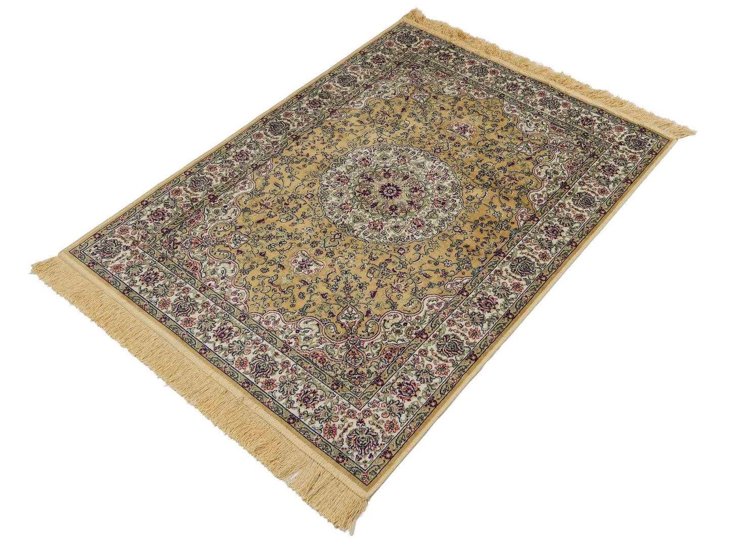 Belgischer, maschinell gefertigter Design Orientteppich aus Kunstseide, creme, beige. 139x97 cm. Verkauf durch Jupiter Intl.