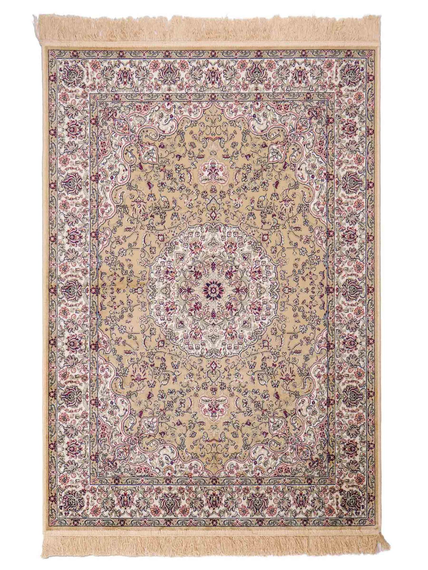 Belgischer, maschinell gefertigter Design Orientteppich aus Kunstseide, beige, creme. 140x98 cm. Verkauf durch Jupiter Intl.