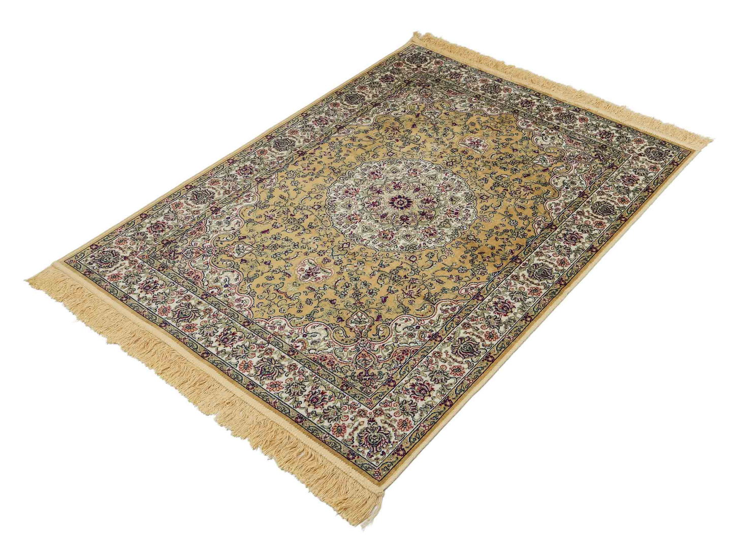 Belgischer, maschinell gefertigter Design Orientteppich aus Kunstseide, beige, creme. 140x98 cm. Verkauf durch Jupiter Intl.