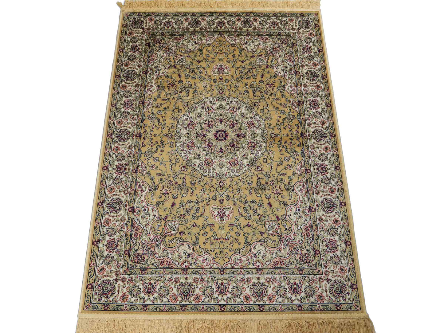 Belgischer, maschinell gefertigter Design Orientteppich aus Kunstseide, beige, creme. 140x98 cm. Verkauf durch Jupiter Intl.