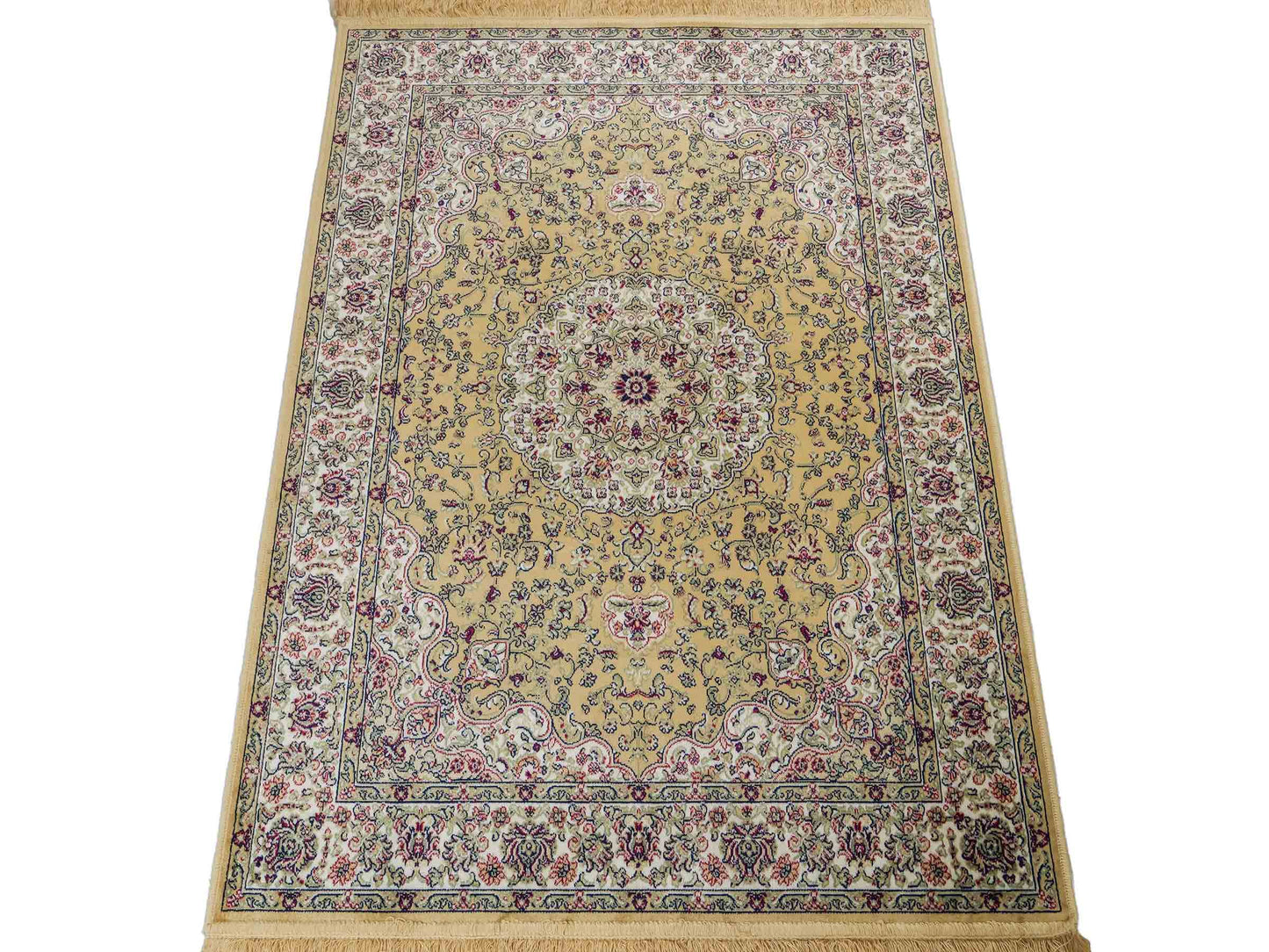 Belgischer, maschinell gefertigter Design Orientteppich aus Kunstseide, beige, creme. 140x98 cm. Verkauf durch Jupiter Intl.