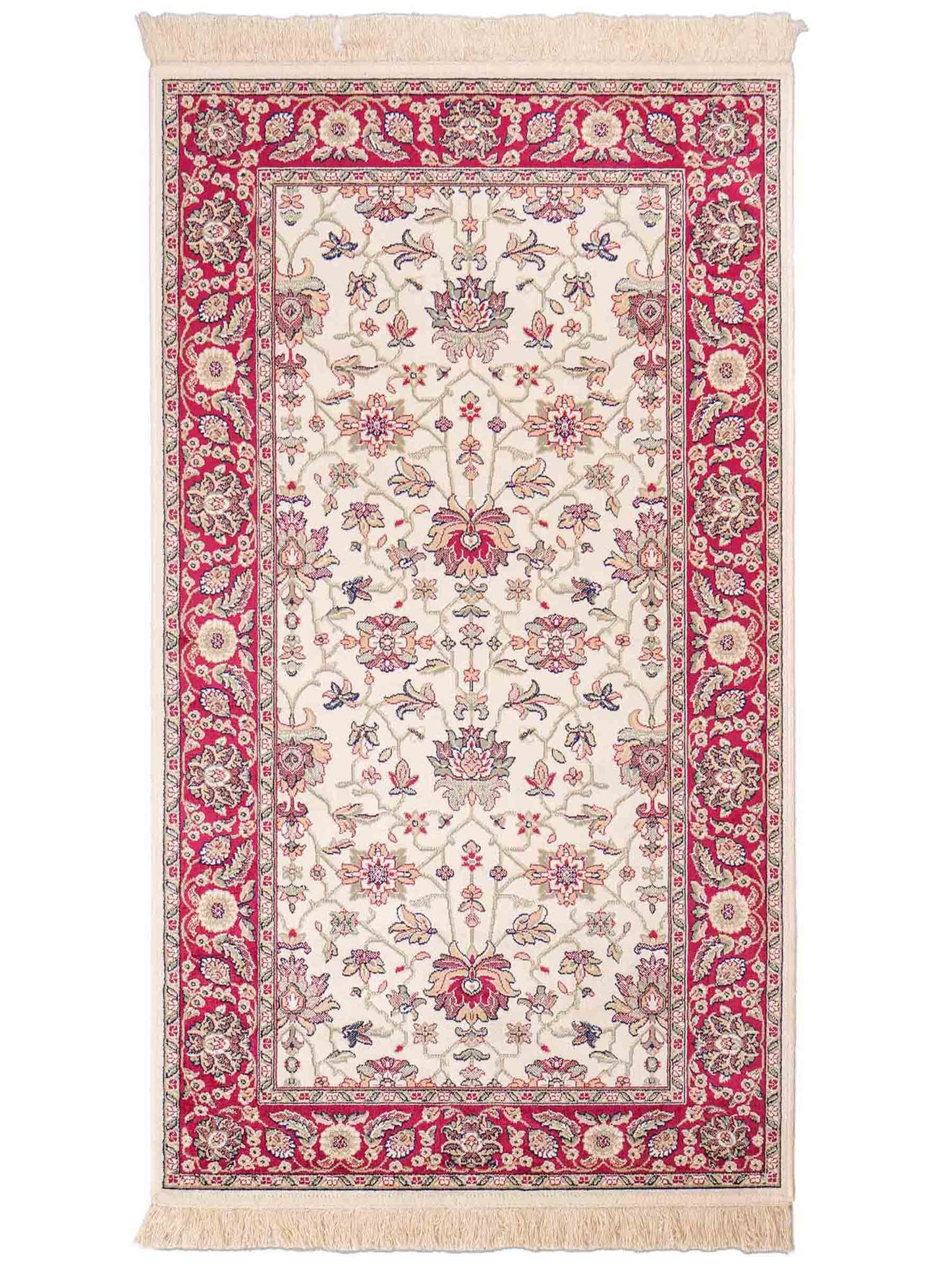 Belgischer, maschinell gefertigter Orientteppich aus Kunstseide, creme, weiß, rot. 152x79 cm. Verkauf durch Jupiter Intl.