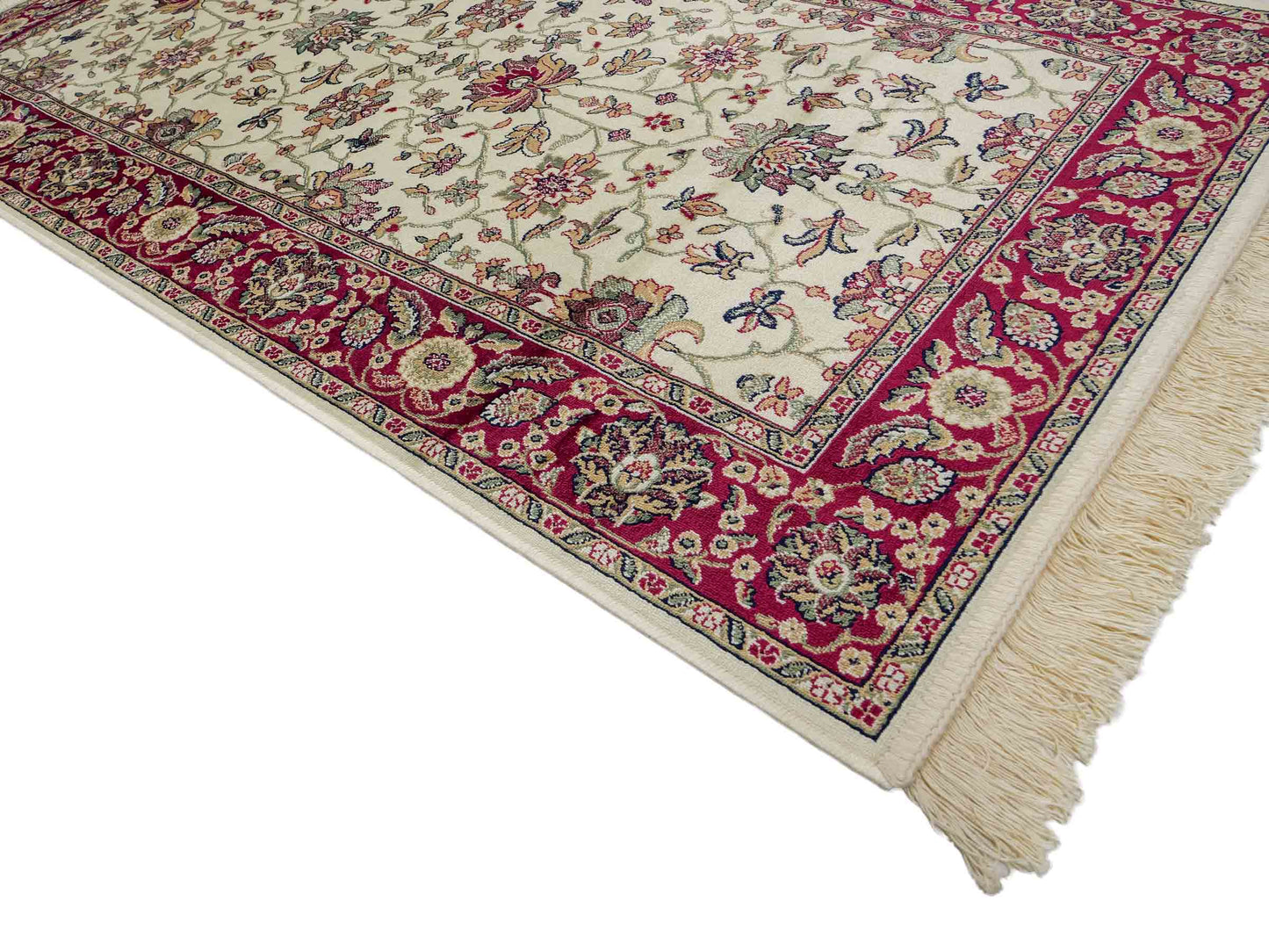Belgischer, maschinell gefertigter Orientteppich aus Kunstseide, creme, weiß, rot. 152x79 cm. Verkauf durch Jupiter Intl.