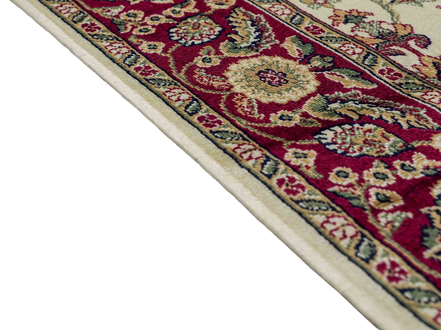 Belgischer, maschinell gefertigter Orientteppich aus Kunstseide, creme, weiß, rot. 152x79 cm. Verkauf durch Jupiter Intl.