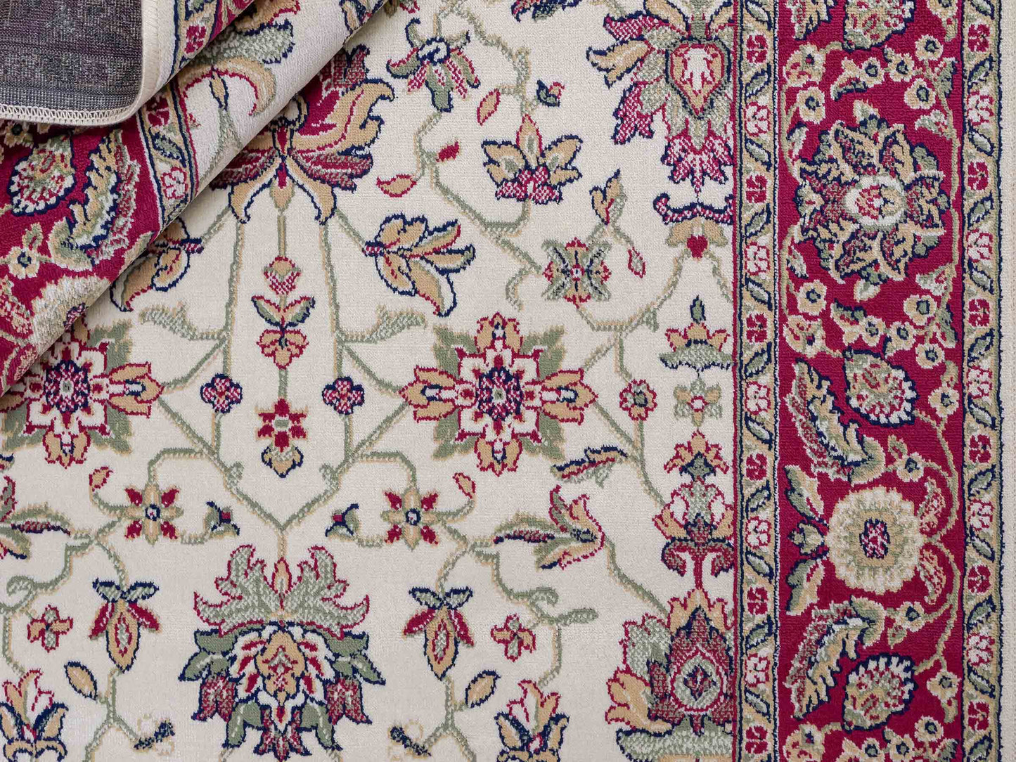 Belgischer, maschinell gefertigter Orientteppich aus Kunstseide, creme, weiß, rot. 152x79 cm. Verkauf durch Jupiter Intl.