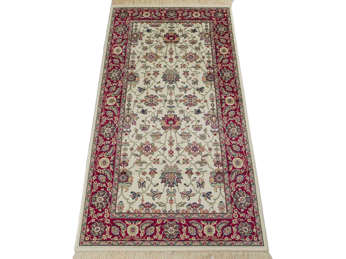 Belgischer, maschinell gefertigter Orientteppich aus Kunstseide, creme, weiß, rot. 152x79 cm. Verkauf durch Jupiter Intl.