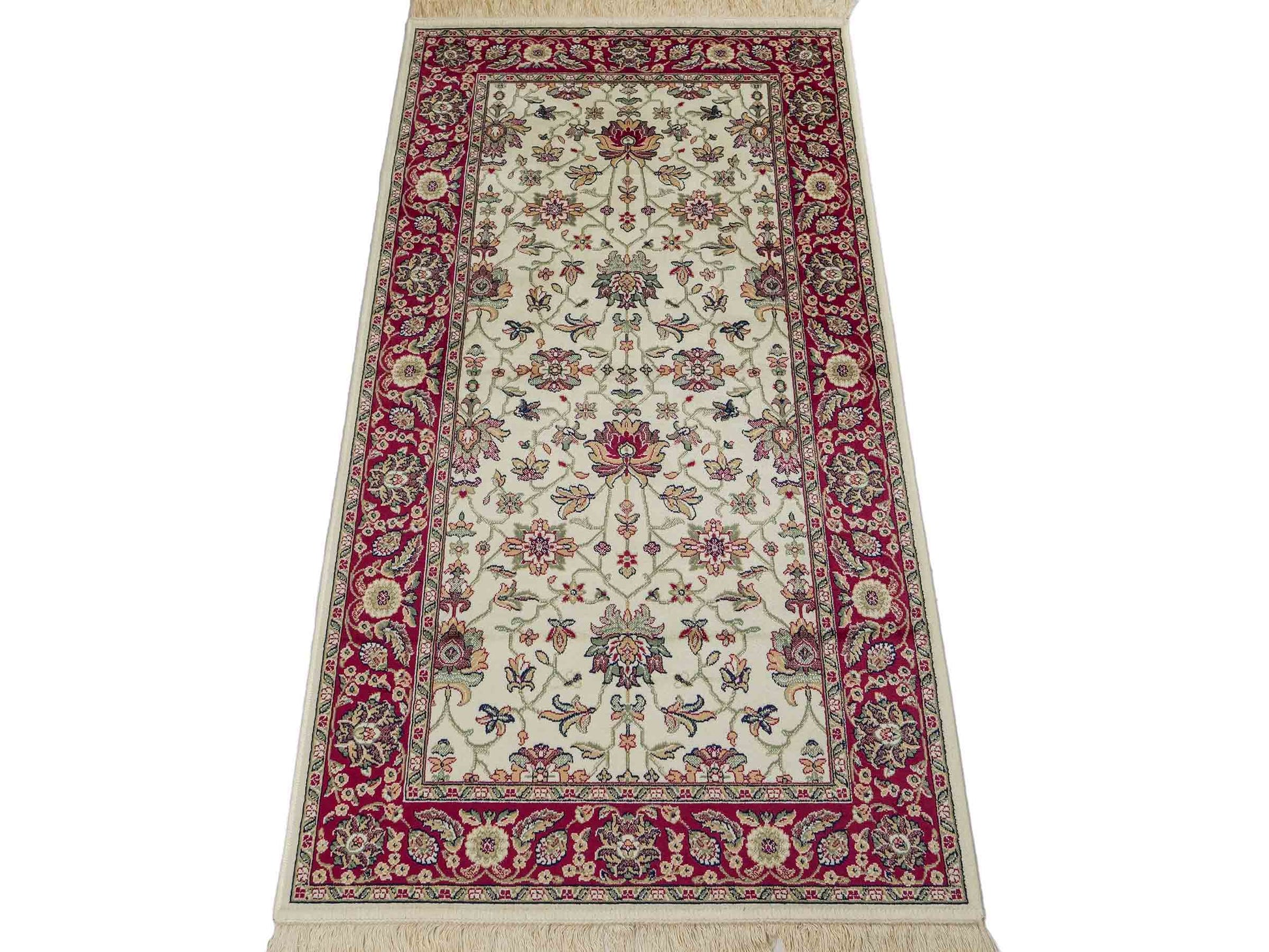 Belgischer, maschinell gefertigter Orientteppich aus Kunstseide, creme, weiß, rot. 152x79 cm. Verkauf durch Jupiter Intl.