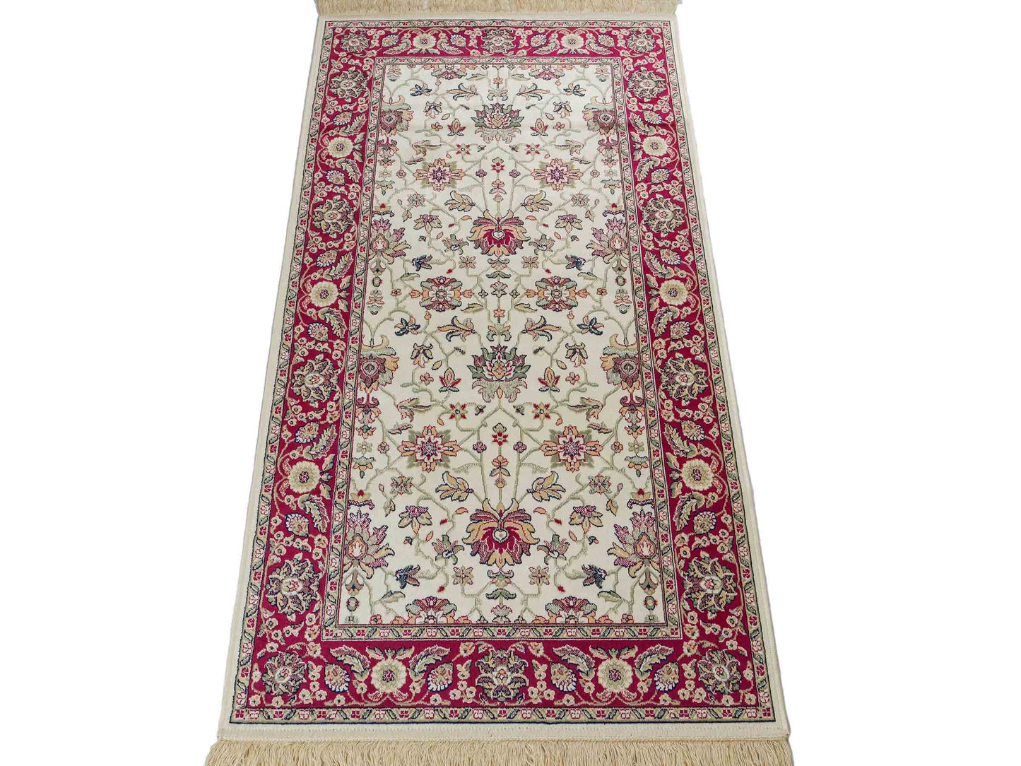 Belgischer, maschinell gefertigter Orientteppich aus Kunstseide, creme, weiß, rot. 152x79 cm. Verkauf durch Jupiter Intl.