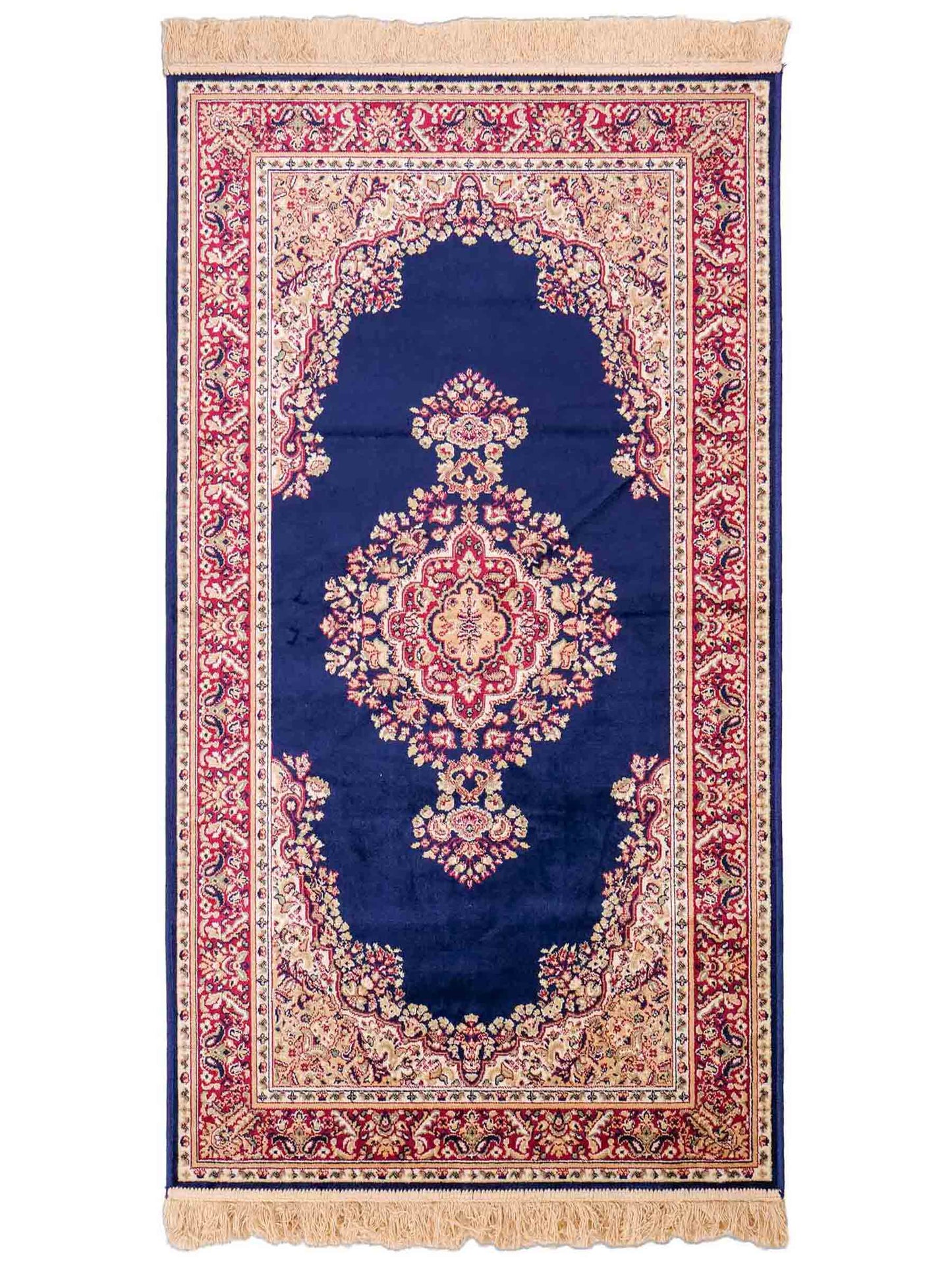 Belgischer, maschinell gefertigter Design Orientteppich aus Kunstseide, blau. 154x79 cm. Verkauf durch Jupiter Intl.