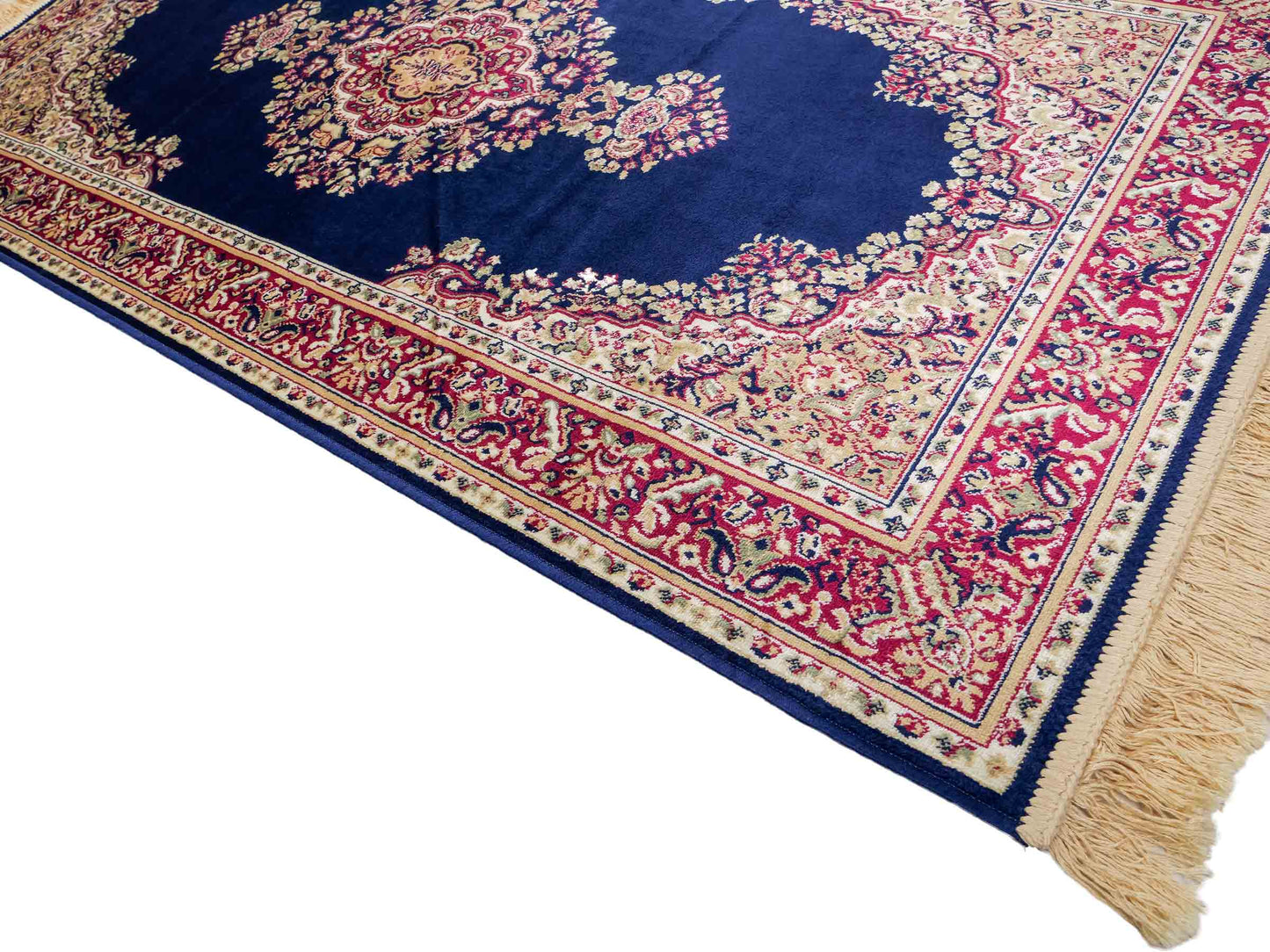 Belgischer, maschinell gefertigter Design Orientteppich aus Kunstseide, blau. 154x79 cm. Verkauf durch Jupiter Intl.