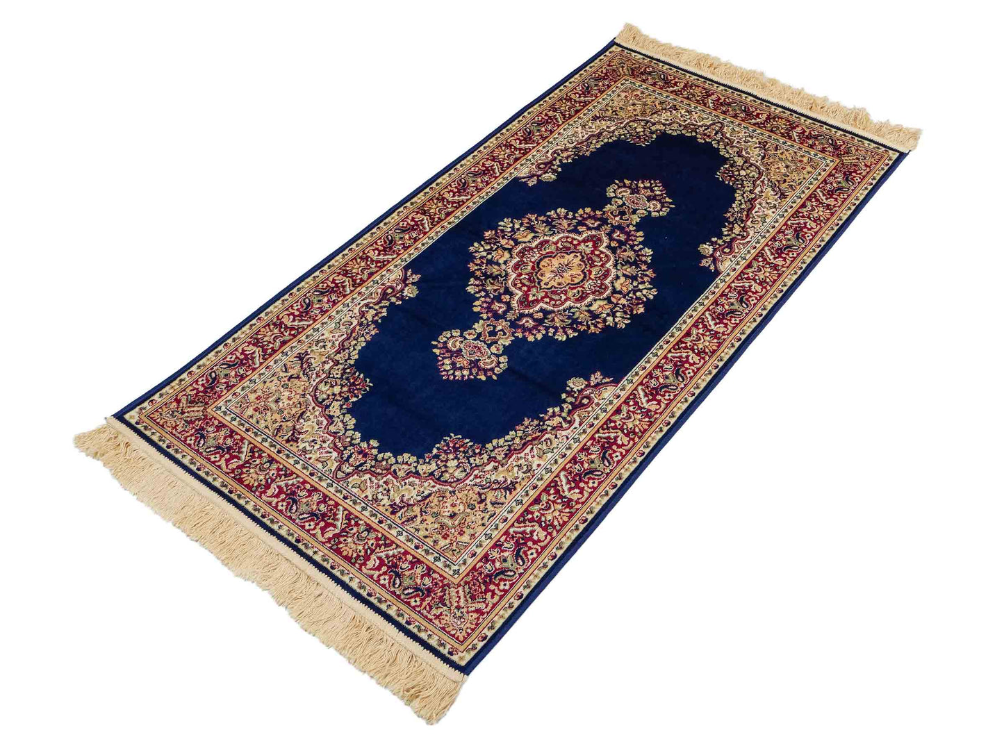 Belgischer, maschinell gefertigter Design Orientteppich aus Kunstseide, blau. 154x79 cm. Verkauf durch Jupiter Intl.