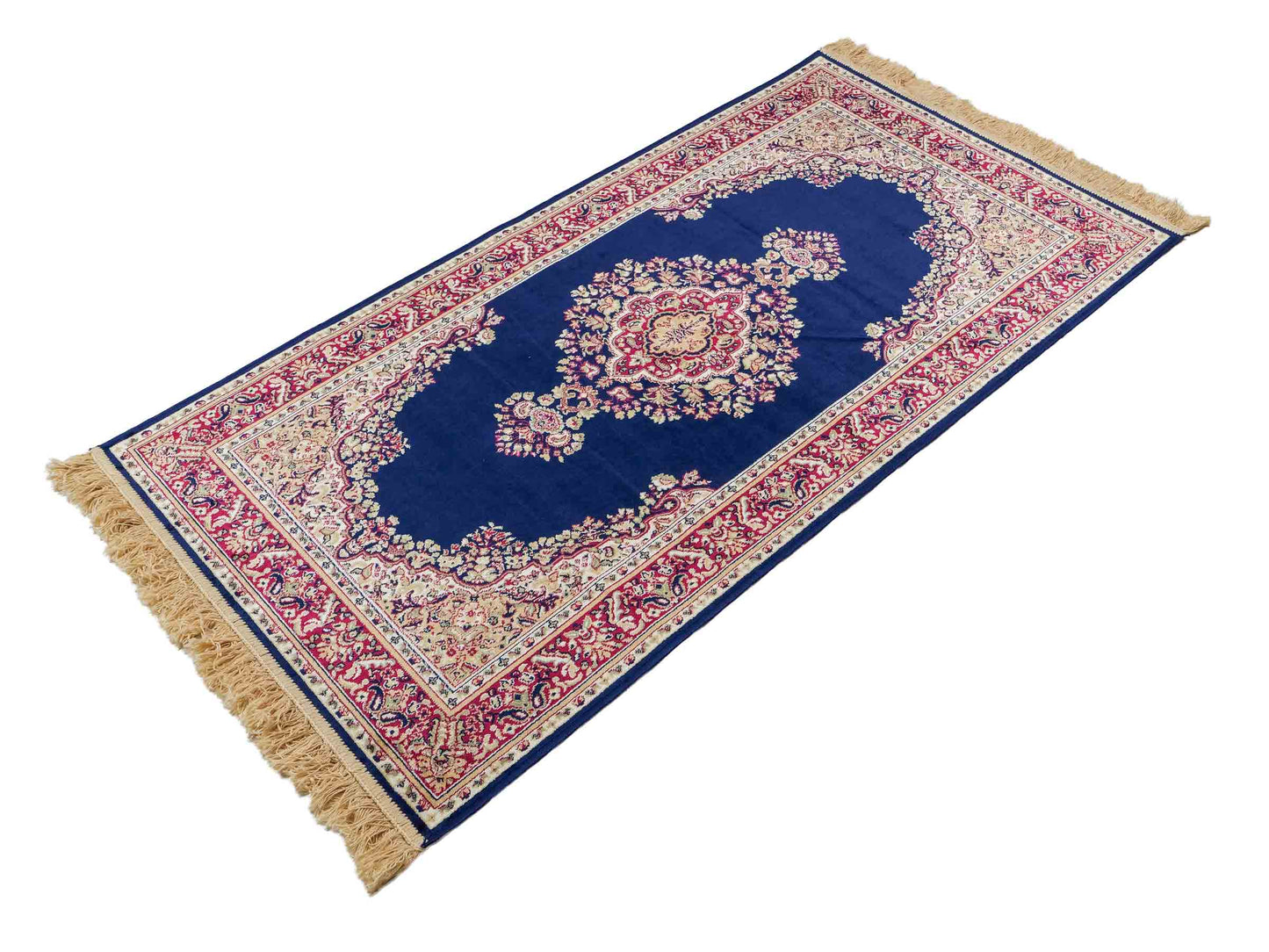 Belgischer, maschinell gefertigter Design Orientteppich aus Kunstseide, blau. 154x79 cm. Verkauf durch Jupiter Intl.