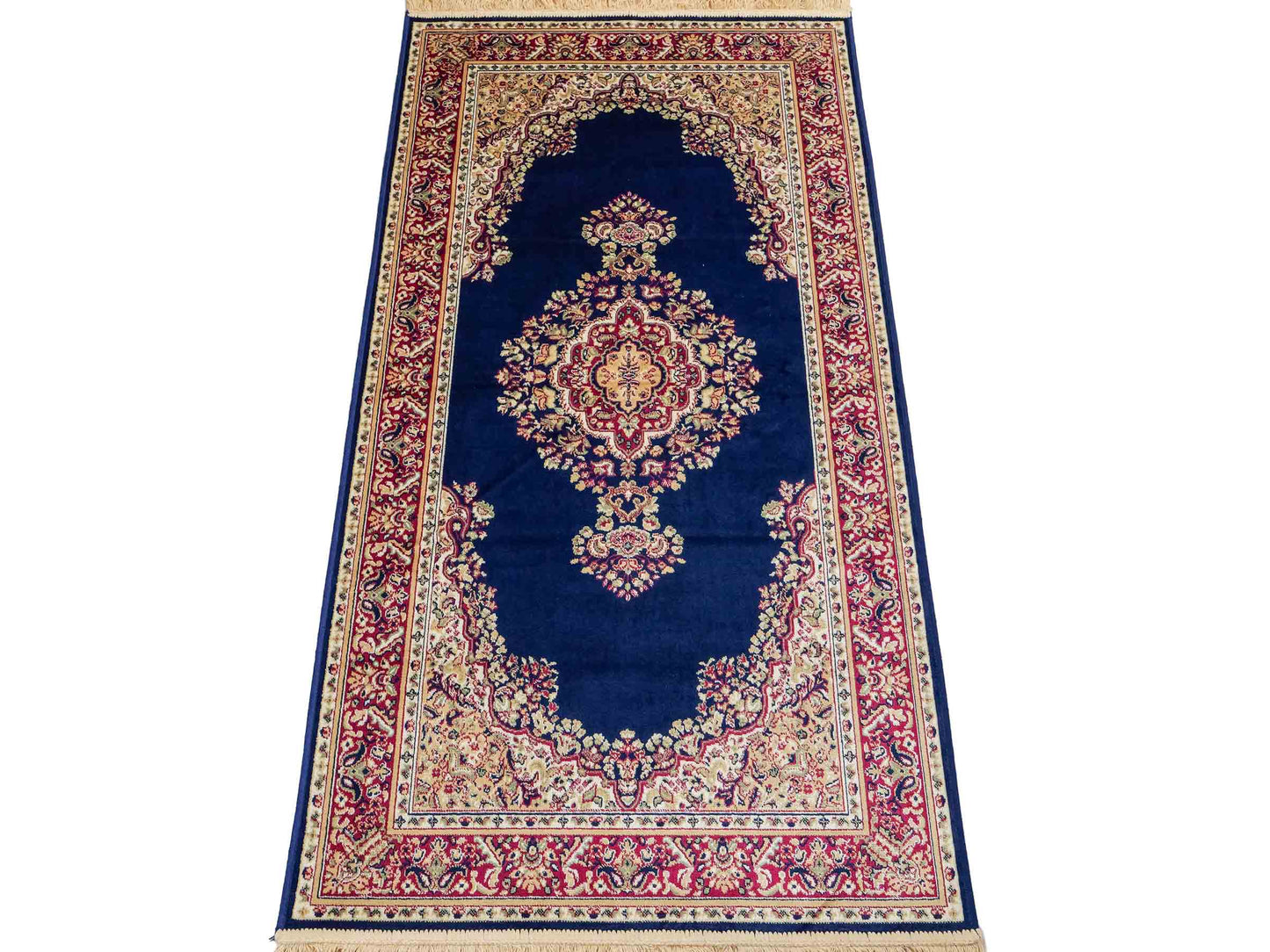 Belgischer, maschinell gefertigter Design Orientteppich aus Kunstseide, blau. 154x79 cm. Verkauf durch Jupiter Intl.