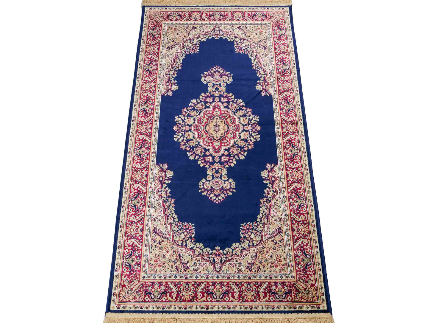 Belgischer, maschinell gefertigter Design Orientteppich aus Kunstseide, blau. 154x79 cm. Verkauf durch Jupiter Intl.