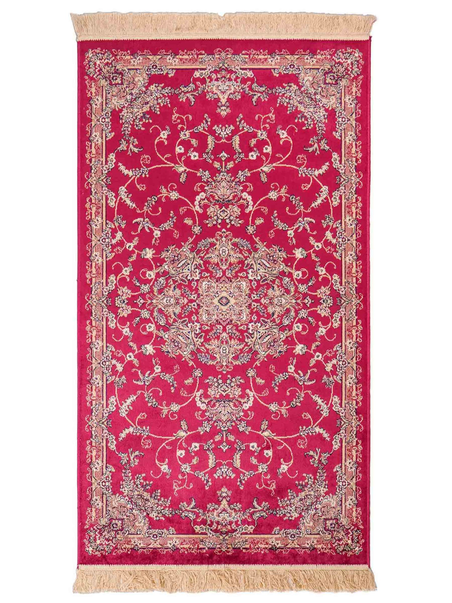 Belgischer, maschinell gefertigter Design Orientteppich aus Kunstseide, rot. 154x79 cm. Verkauf durch Jupiter Intl.