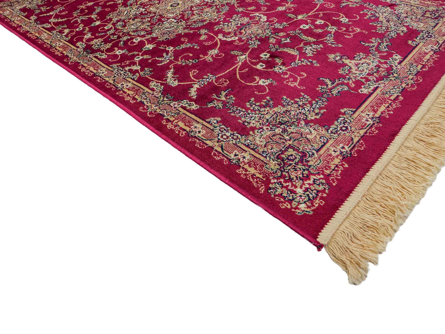 Belgischer, maschinell gefertigter Design Orientteppich aus Kunstseide, rot. 154x79 cm. Verkauf durch Jupiter Intl.