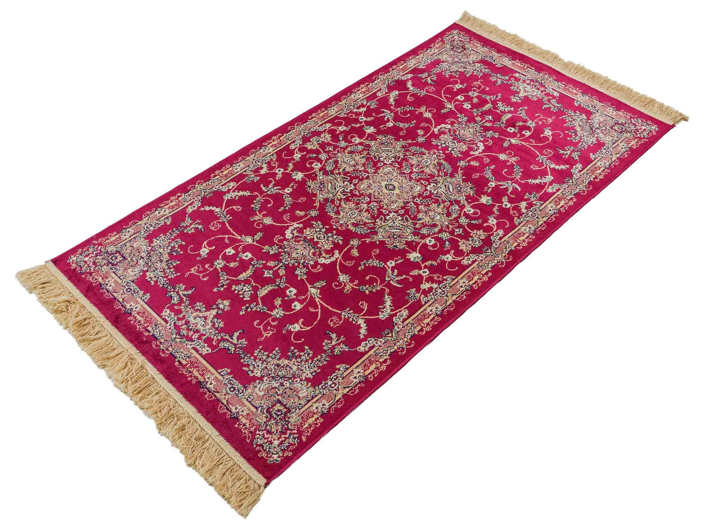 Belgischer, maschinell gefertigter Design Orientteppich aus Kunstseide, rot. 154x79 cm. Verkauf durch Jupiter Intl.