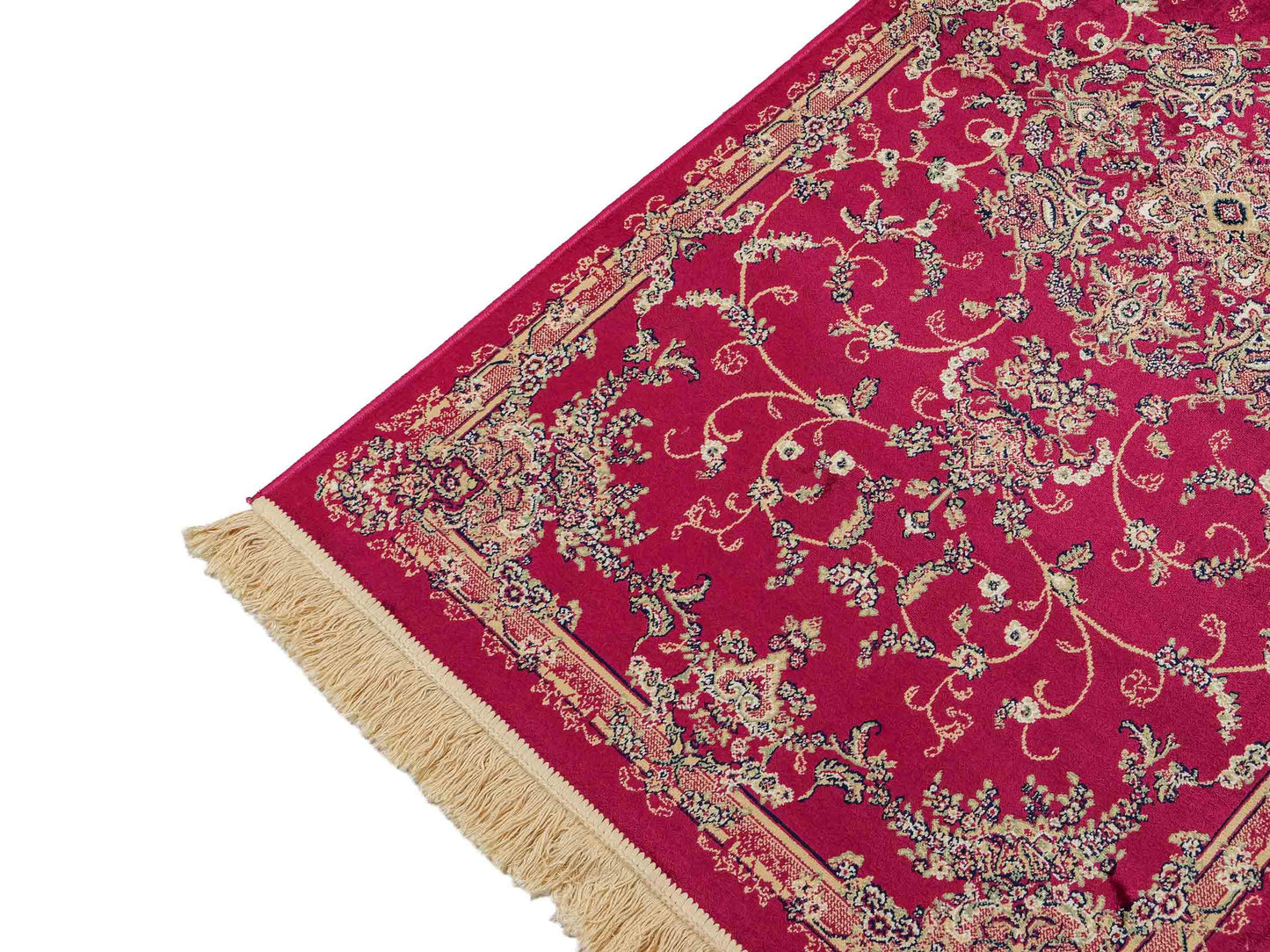 Belgischer, maschinell gefertigter Design Orientteppich aus Kunstseide, rot. 154x79 cm. Verkauf durch Jupiter Intl.