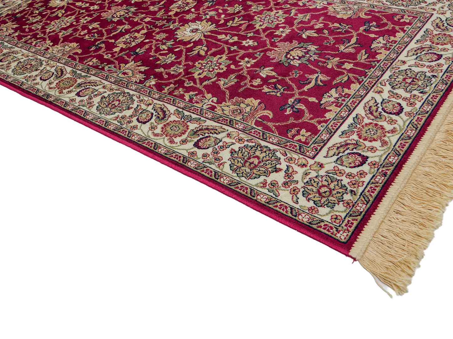 Belgischer, maschinell gefertigter Design Orientteppich aus Kunstseide, rot. 154x79 cm. Verkauf durch Jupiter Intl.