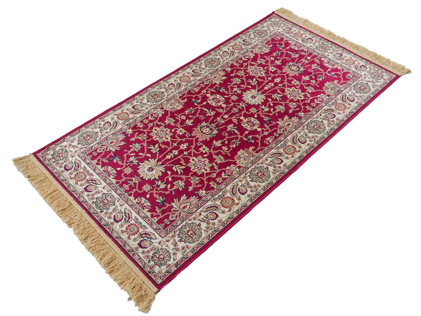 Belgischer, maschinell gefertigter Design Orientteppich aus Kunstseide, rot. 154x79 cm. Verkauf durch Jupiter Intl.