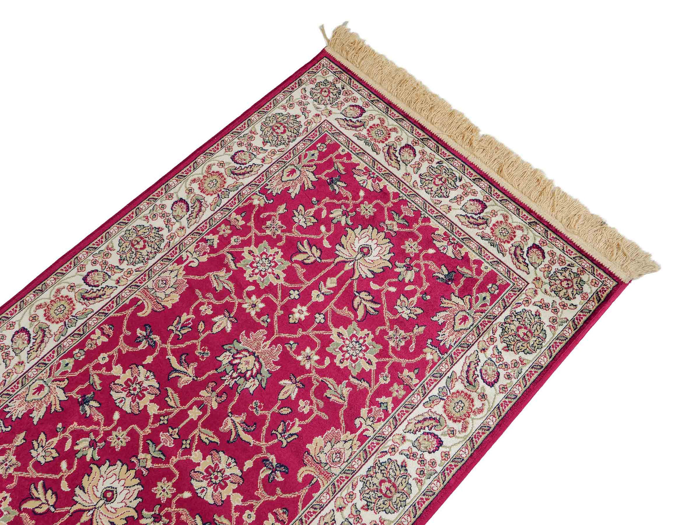 Belgischer, maschinell gefertigter Design Orientteppich aus Kunstseide, rot. 154x79 cm. Verkauf durch Jupiter Intl.