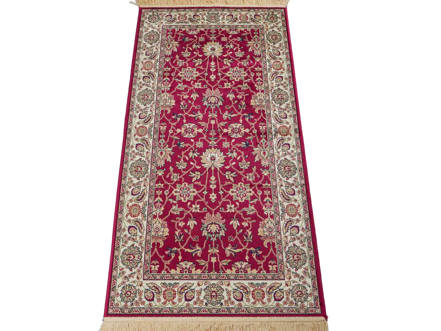 Belgischer, maschinell gefertigter Design Orientteppich aus Kunstseide, rot. 154x79 cm. Verkauf durch Jupiter Intl.