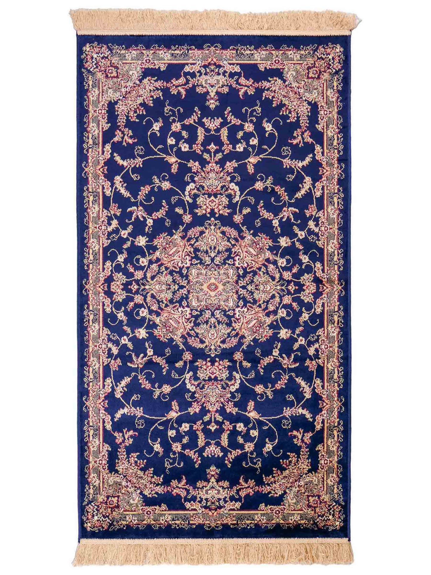 Belgischer, maschinell gefertigter Orientteppich aus Kunstseide, blau. 154x79 cm. Verkauf durch Jupiter Intl.