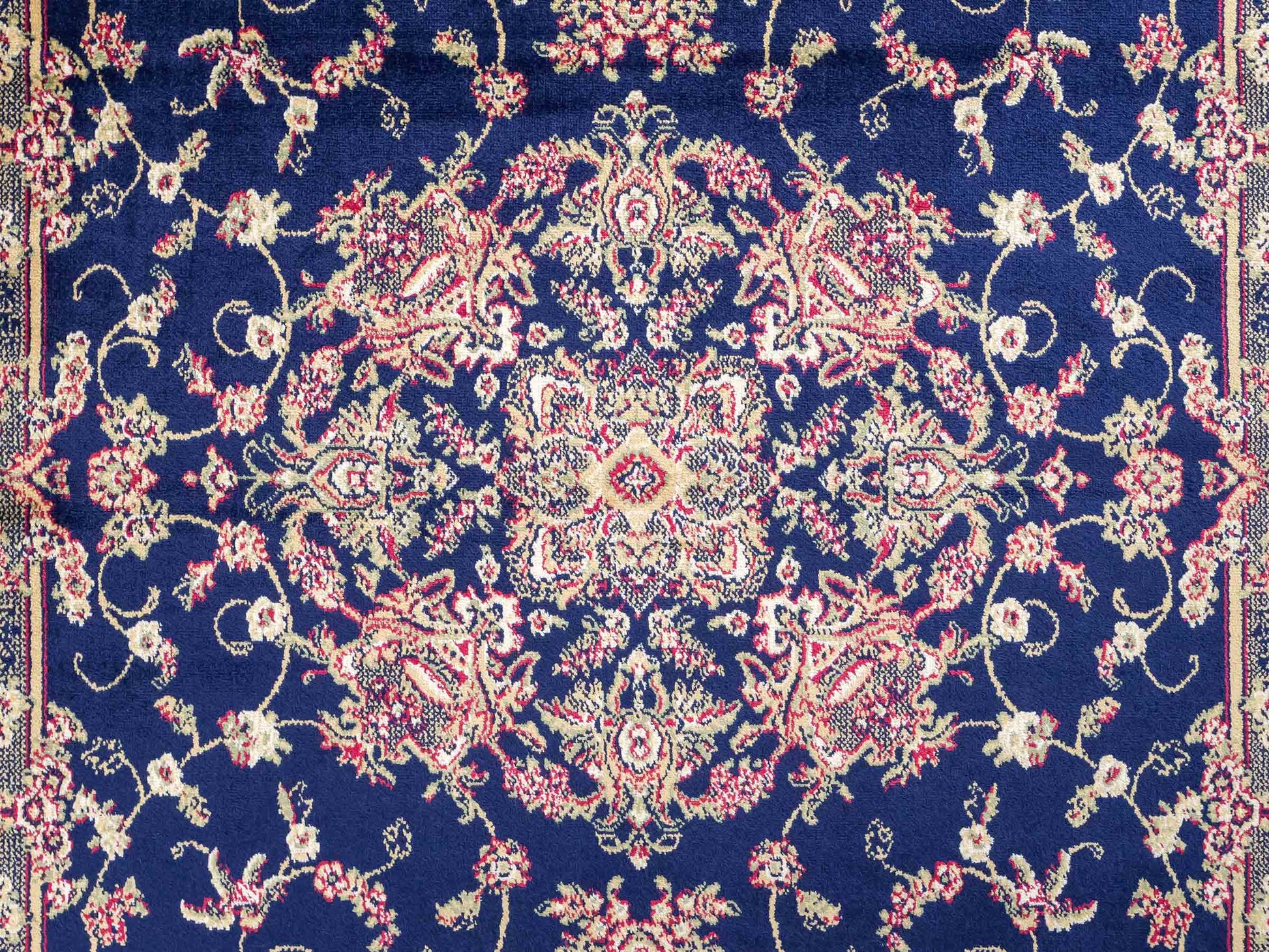 Belgischer, maschinell gefertigter Orientteppich aus Kunstseide, blau. 154x79 cm. Verkauf durch Jupiter Intl.