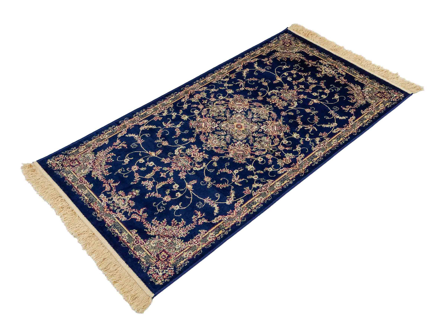Belgischer, maschinell gefertigter Orientteppich aus Kunstseide, blau. 154x79 cm. Verkauf durch Jupiter Intl.