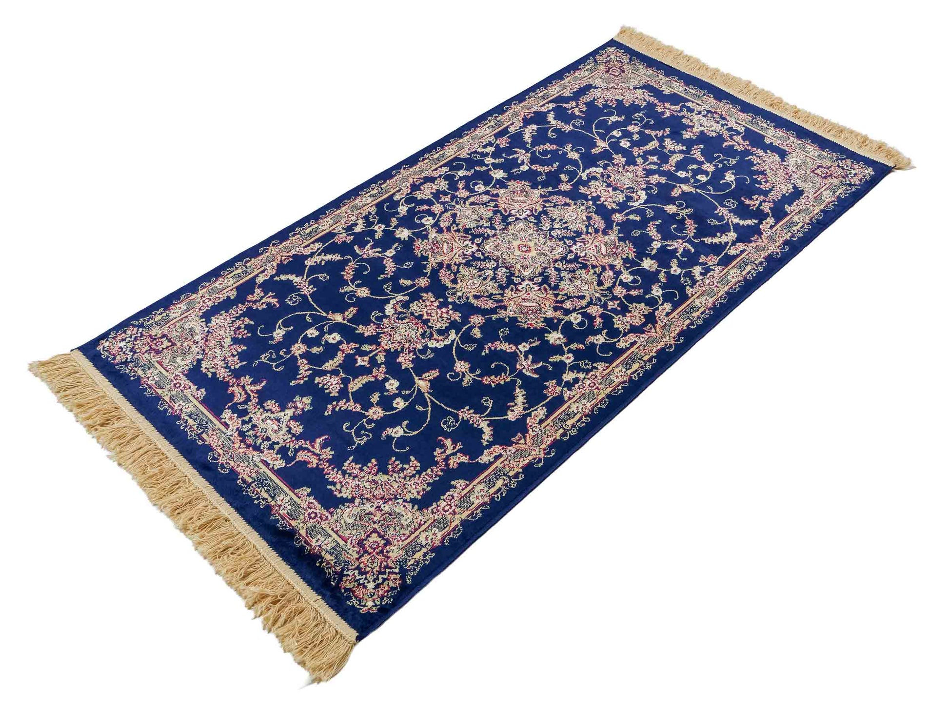 Belgischer, maschinell gefertigter Orientteppich aus Kunstseide, blau. 154x79 cm. Verkauf durch Jupiter Intl.