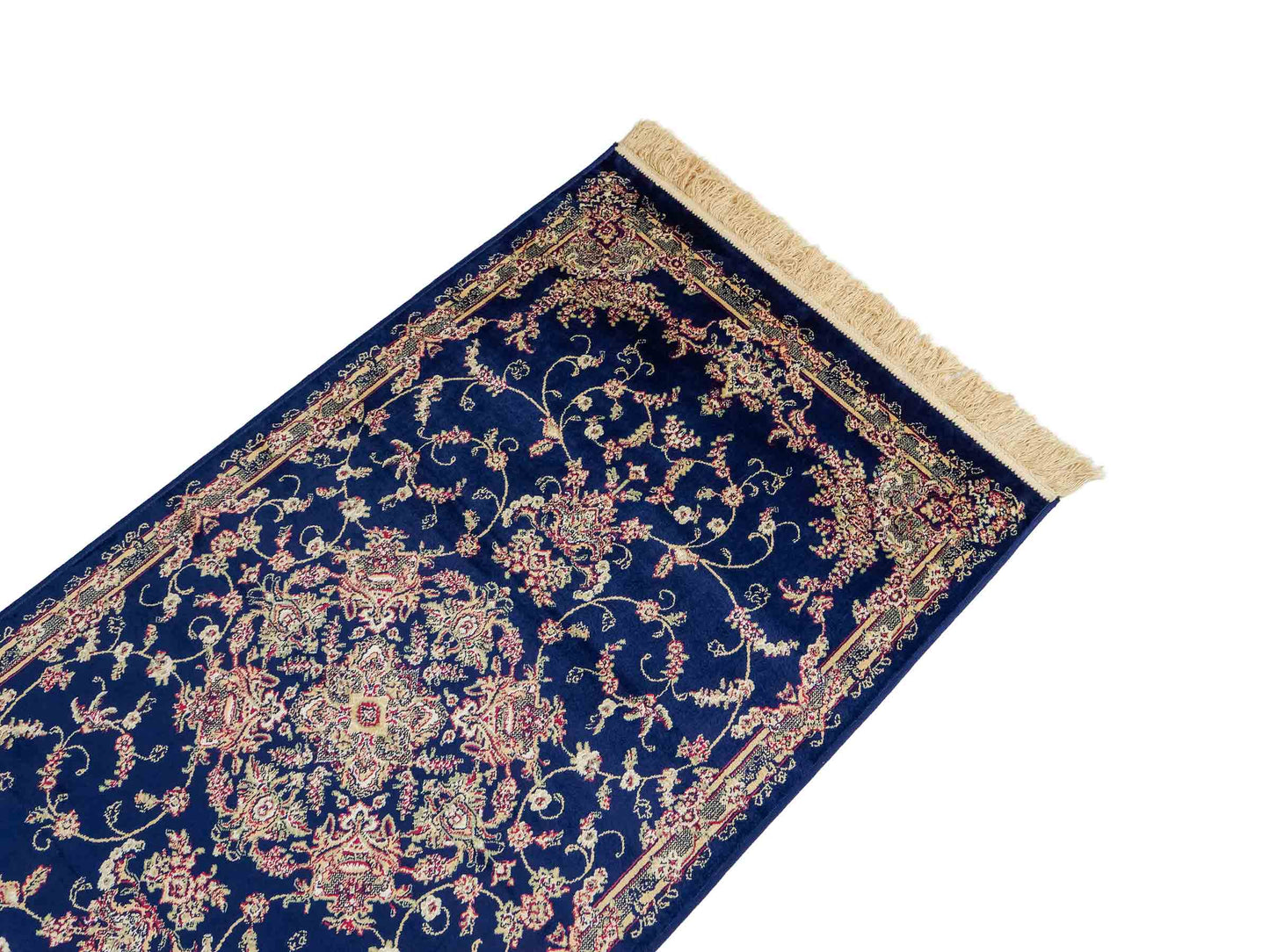 Belgischer, maschinell gefertigter Orientteppich aus Kunstseide, blau. 154x79 cm. Verkauf durch Jupiter Intl.