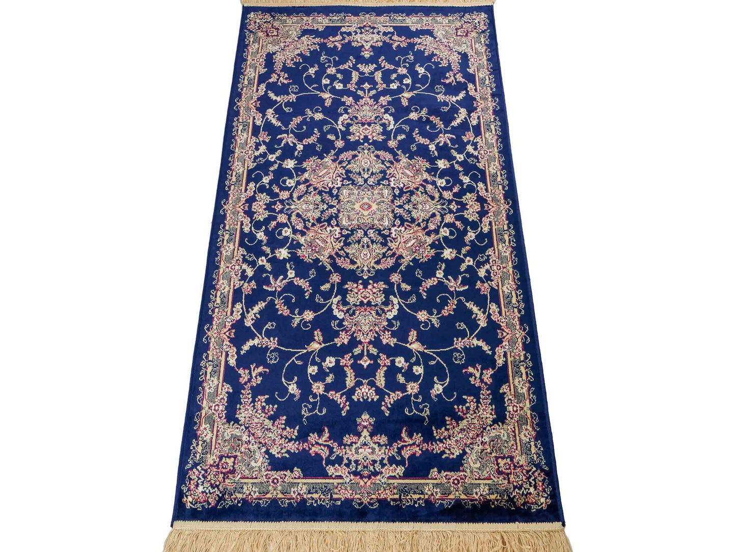 Belgischer, maschinell gefertigter Orientteppich aus Kunstseide, blau. 154x79 cm. Verkauf durch Jupiter Intl.