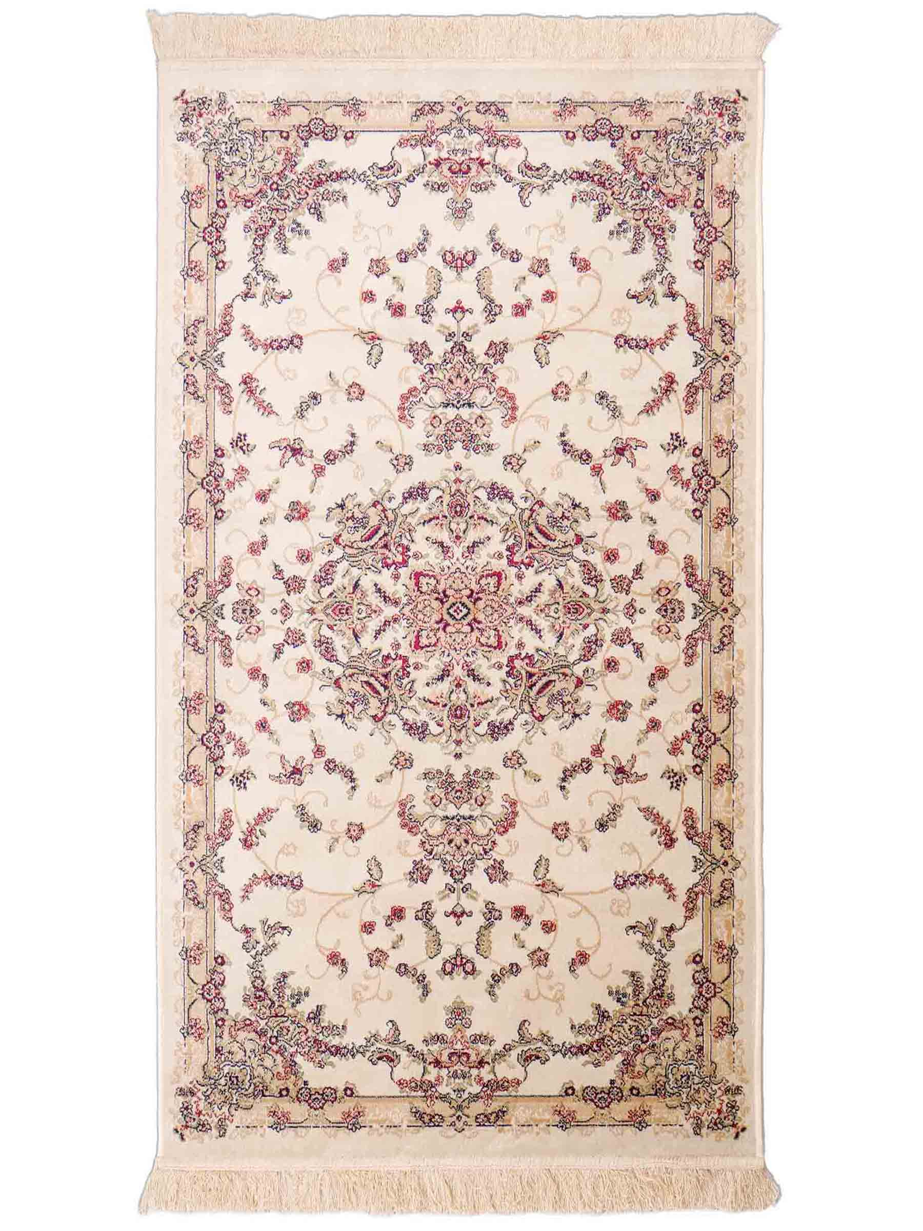 Belgischer, maschinell gefertigter Orientteppich aus Kunstseide, weiß, creme. 155x79 cm. Verkauf durch Jupiter Intl.