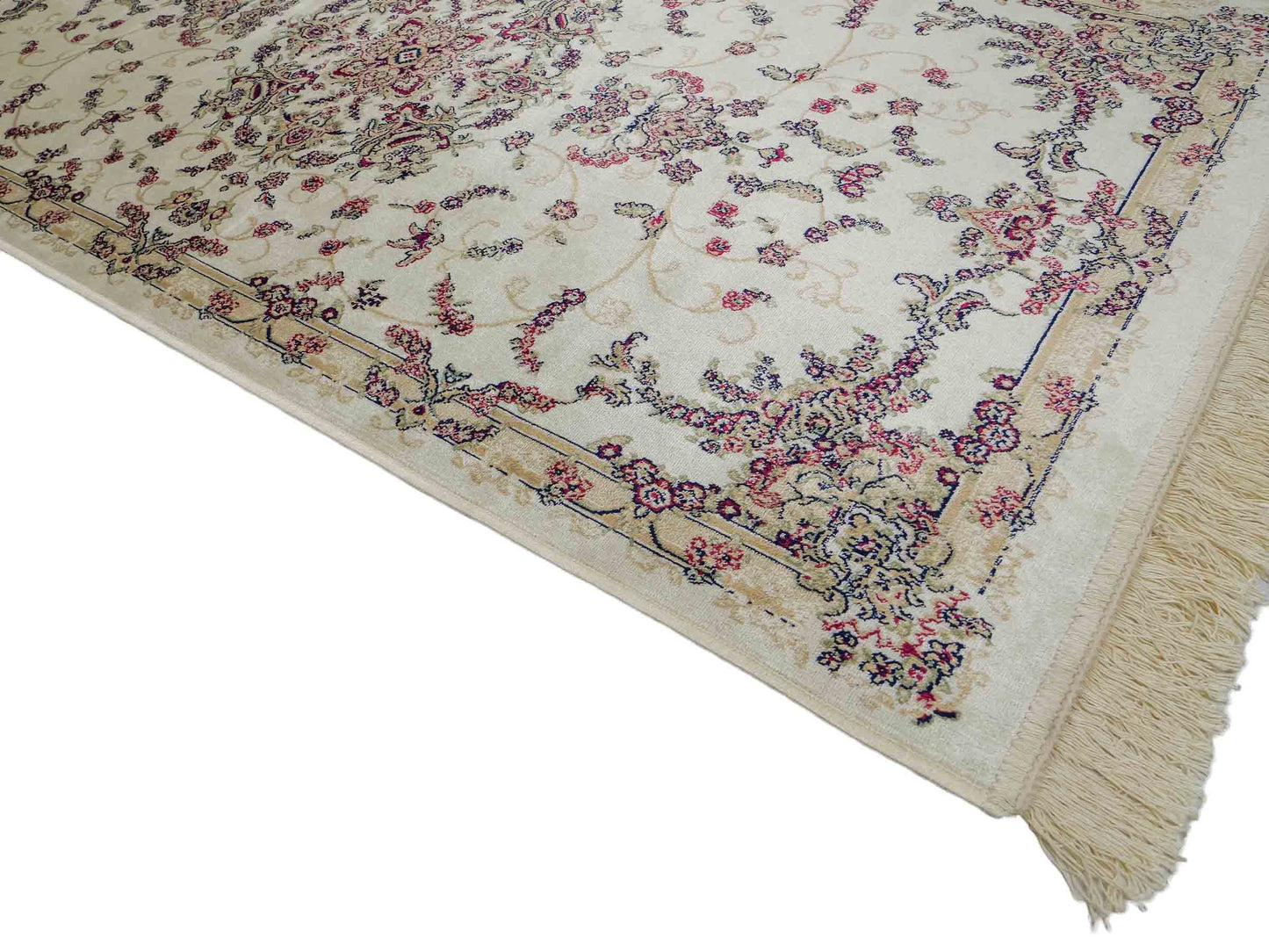 Belgischer, maschinell gefertigter Orientteppich aus Kunstseide, weiß, creme. 155x79 cm. Verkauf durch Jupiter Intl.