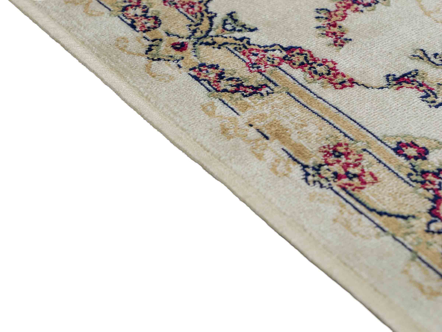 Belgischer, maschinell gefertigter Orientteppich aus Kunstseide, weiß, creme. 155x79 cm. Verkauf durch Jupiter Intl.