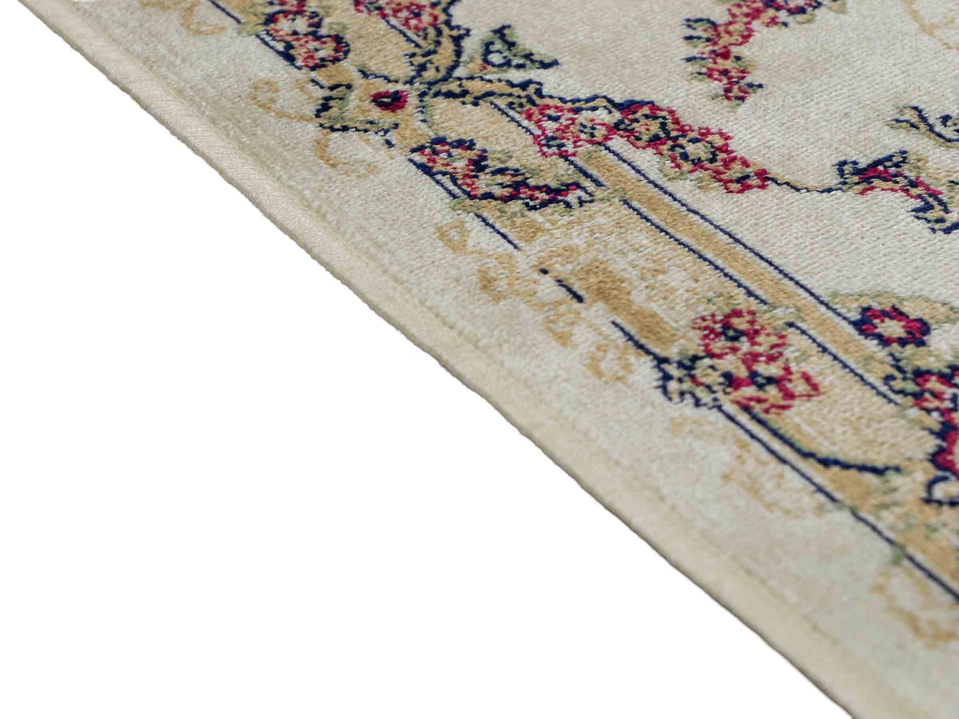 Belgischer, maschinell gefertigter Orientteppich aus Kunstseide, weiß, creme. 155x79 cm. Verkauf durch Jupiter Intl.