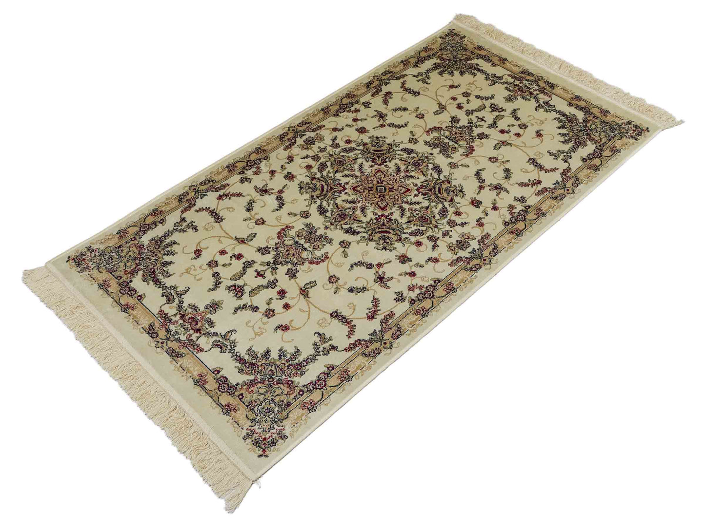 Belgischer, maschinell gefertigter Orientteppich aus Kunstseide, weiß, creme. 155x79 cm. Verkauf durch Jupiter Intl.