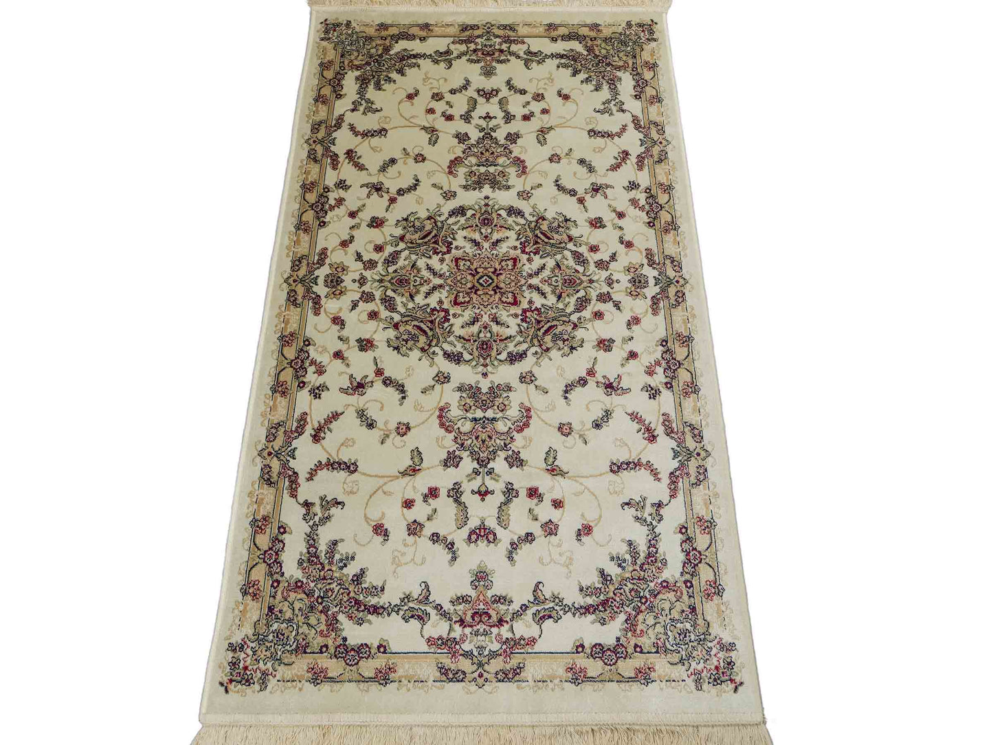 Belgischer, maschinell gefertigter Orientteppich aus Kunstseide, weiß, creme. 155x79 cm. Verkauf durch Jupiter Intl.