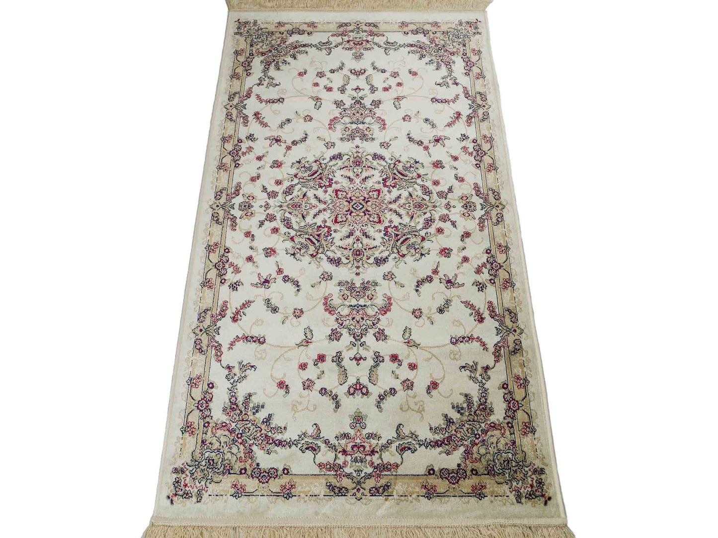 Belgischer, maschinell gefertigter Orientteppich aus Kunstseide, weiß, creme. 155x79 cm. Verkauf durch Jupiter Intl.