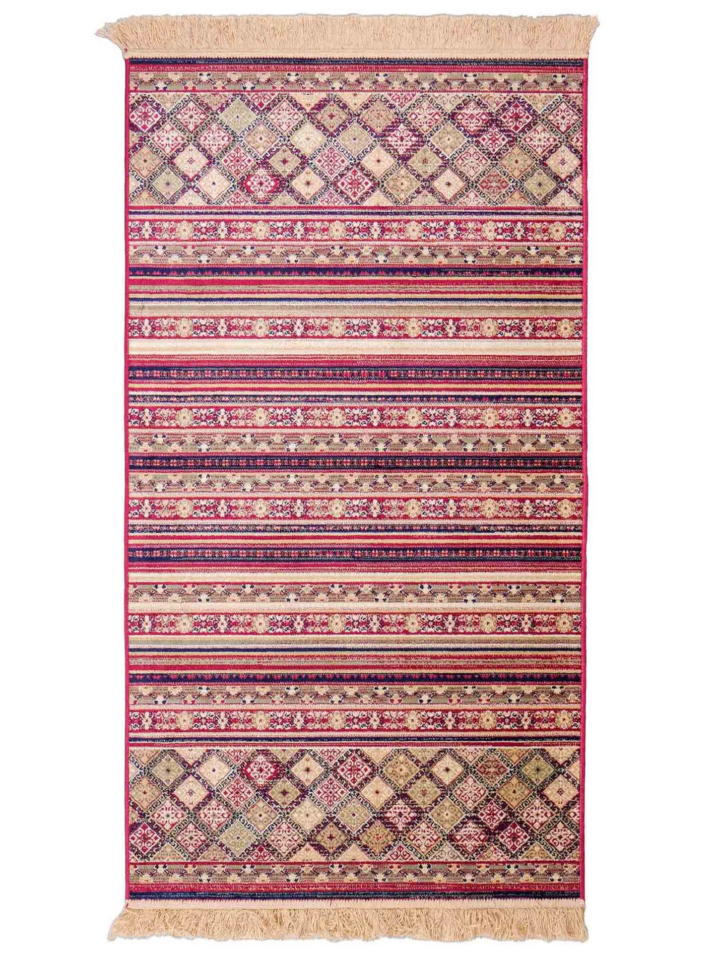 Belgischer, maschinell gefertigter Design Orientteppich aus Kunstseide, rot, multicolor. 155x79 cm. Verkauf durch Jupiter Intl.