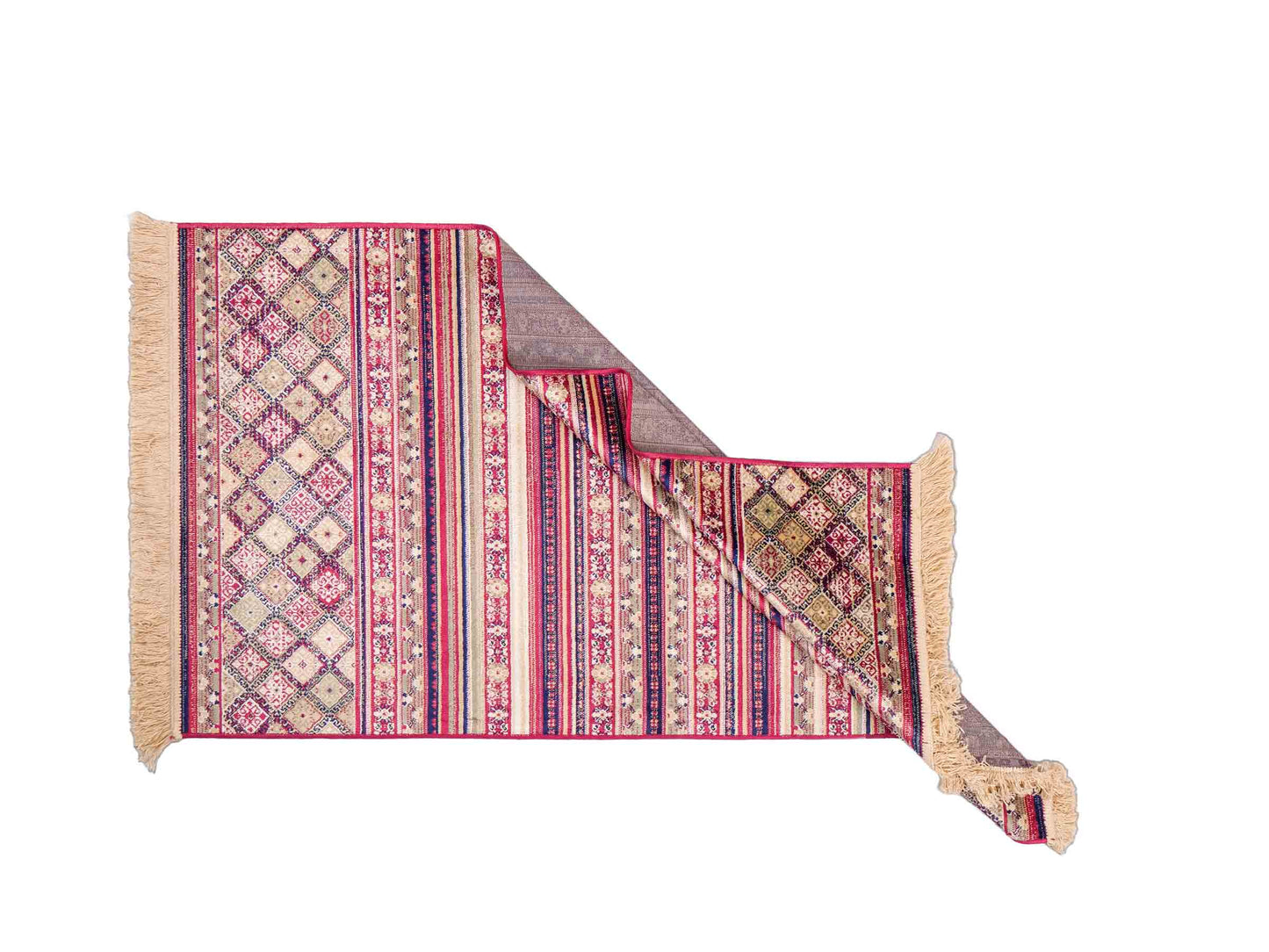 Belgischer, maschinell gefertigter Design Orientteppich aus Kunstseide, rot, multicolor. 155x79 cm. Verkauf durch Jupiter Intl.