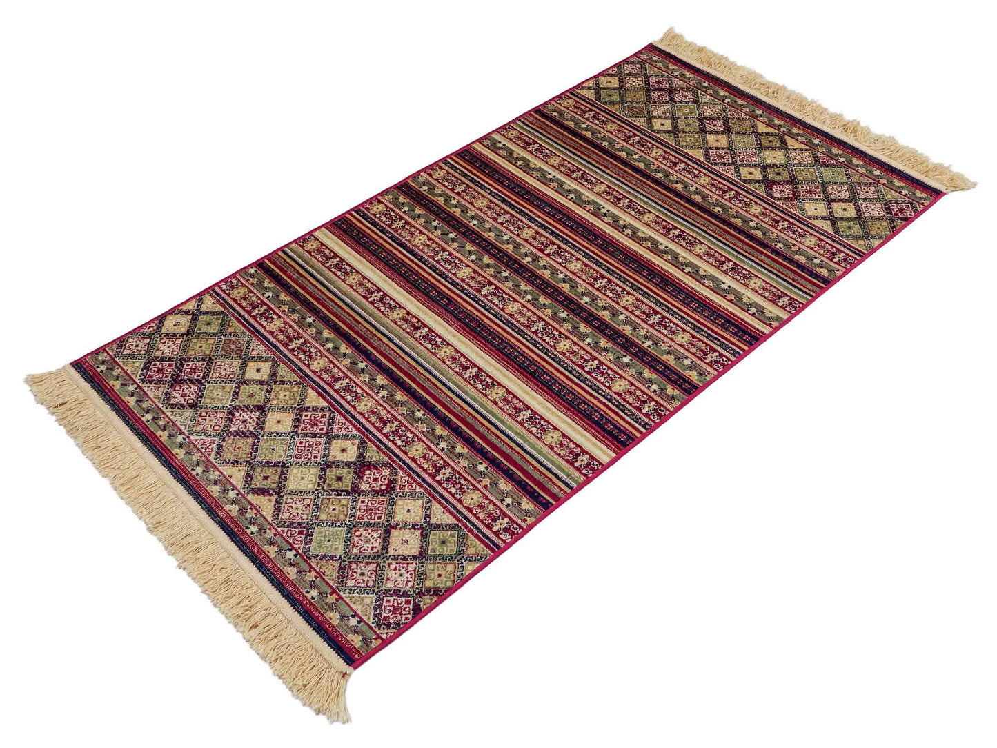 Belgischer, maschinell gefertigter Design Orientteppich aus Kunstseide, rot, multicolor. 155x79 cm. Verkauf durch Jupiter Intl.
