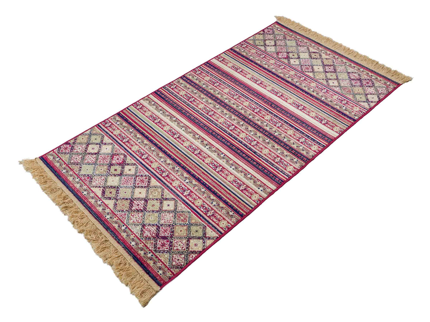 Belgischer, maschinell gefertigter Design Orientteppich aus Kunstseide, rot, multicolor. 155x79 cm. Verkauf durch Jupiter Intl.