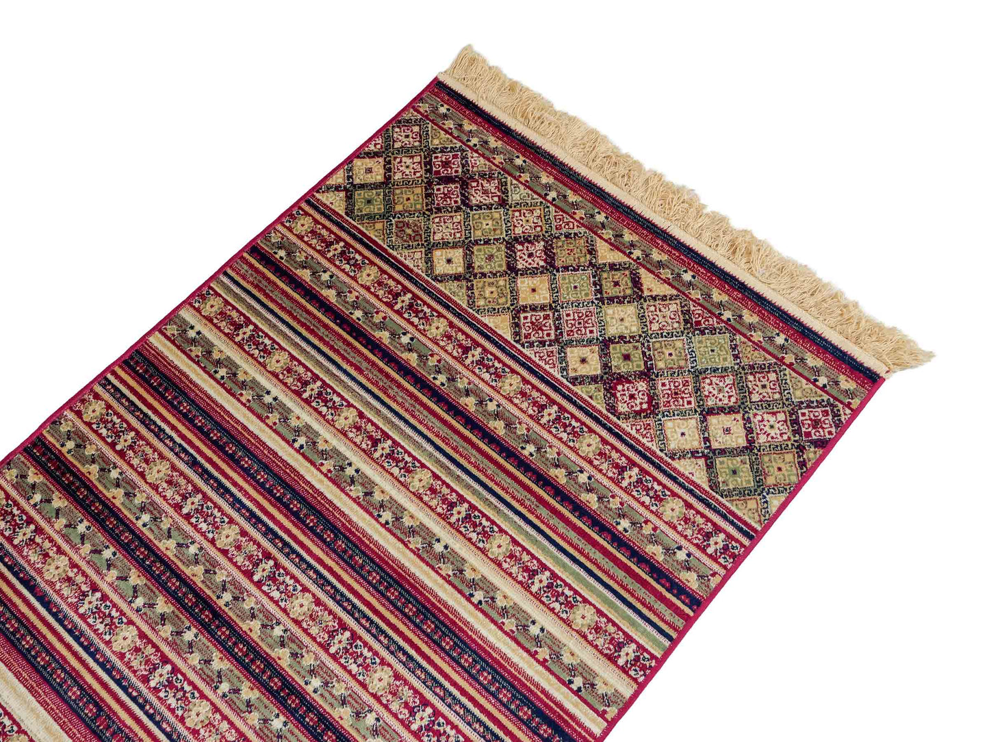 Belgischer, maschinell gefertigter Design Orientteppich aus Kunstseide, rot, multicolor. 155x79 cm. Verkauf durch Jupiter Intl.