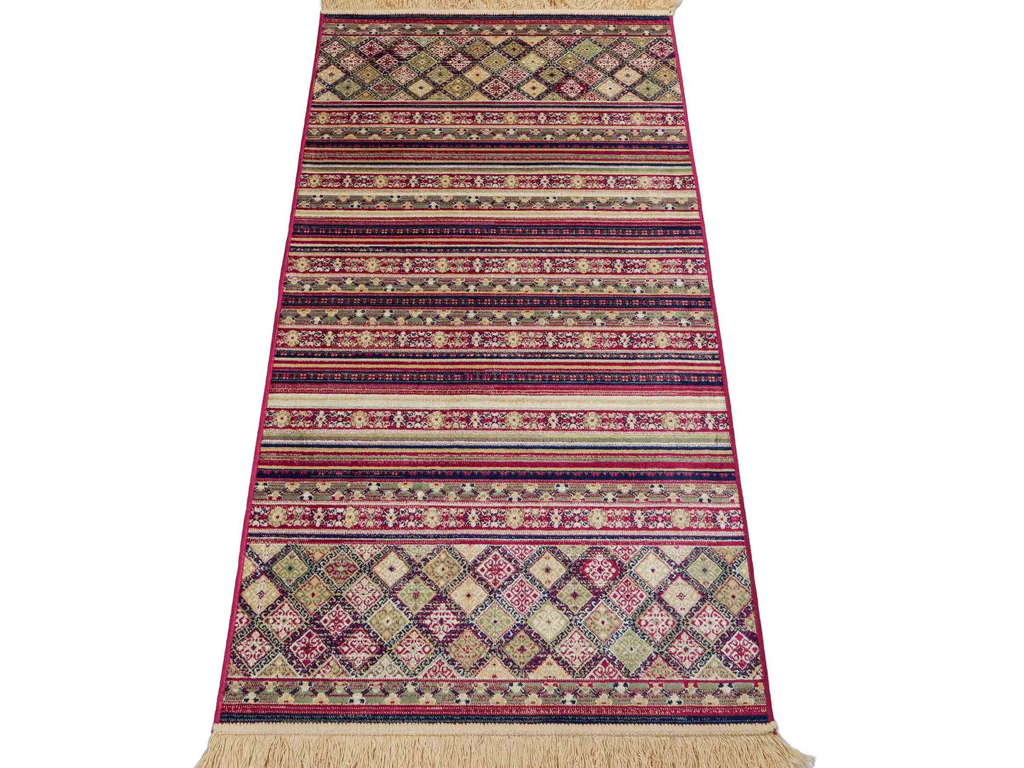 Belgischer, maschinell gefertigter Design Orientteppich aus Kunstseide, rot, multicolor. 155x79 cm. Verkauf durch Jupiter Intl.