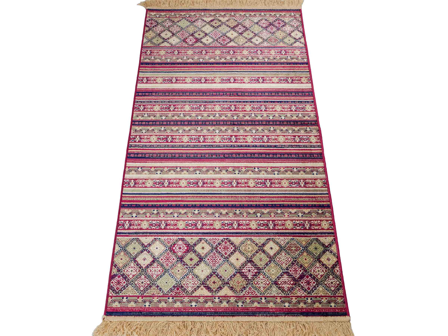 Belgischer, maschinell gefertigter Design Orientteppich aus Kunstseide, rot, multicolor. 155x79 cm. Verkauf durch Jupiter Intl.