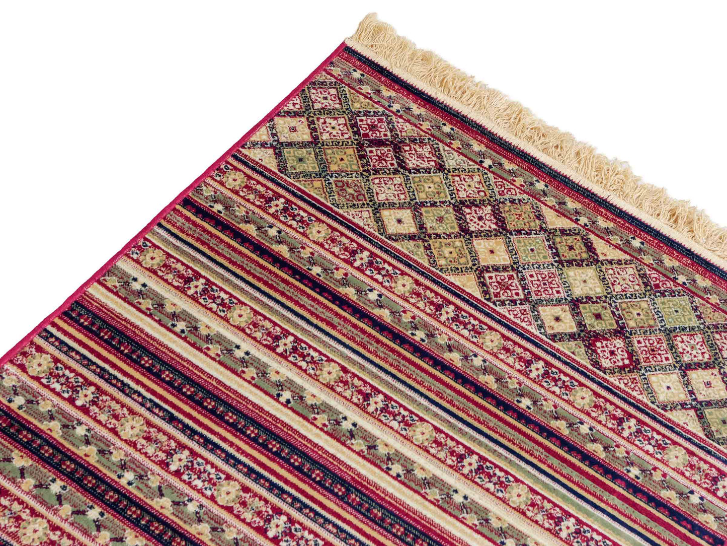Belgischer, maschinell gefertigter Design Orientteppich aus Kunstseide, rot, multicolor. 155x79 cm. Verkauf durch Jupiter Intl.