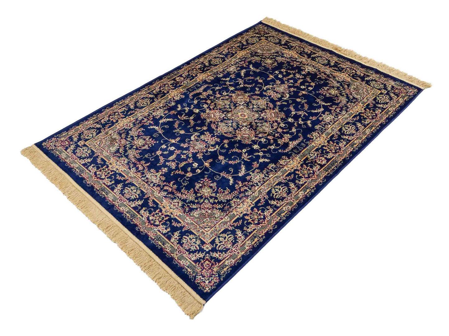 Belgischer, maschinell gefertigter Design Orientteppich aus Kunstseide, blau. 172x118 cm. Verkauf durch Jupiter Intl.