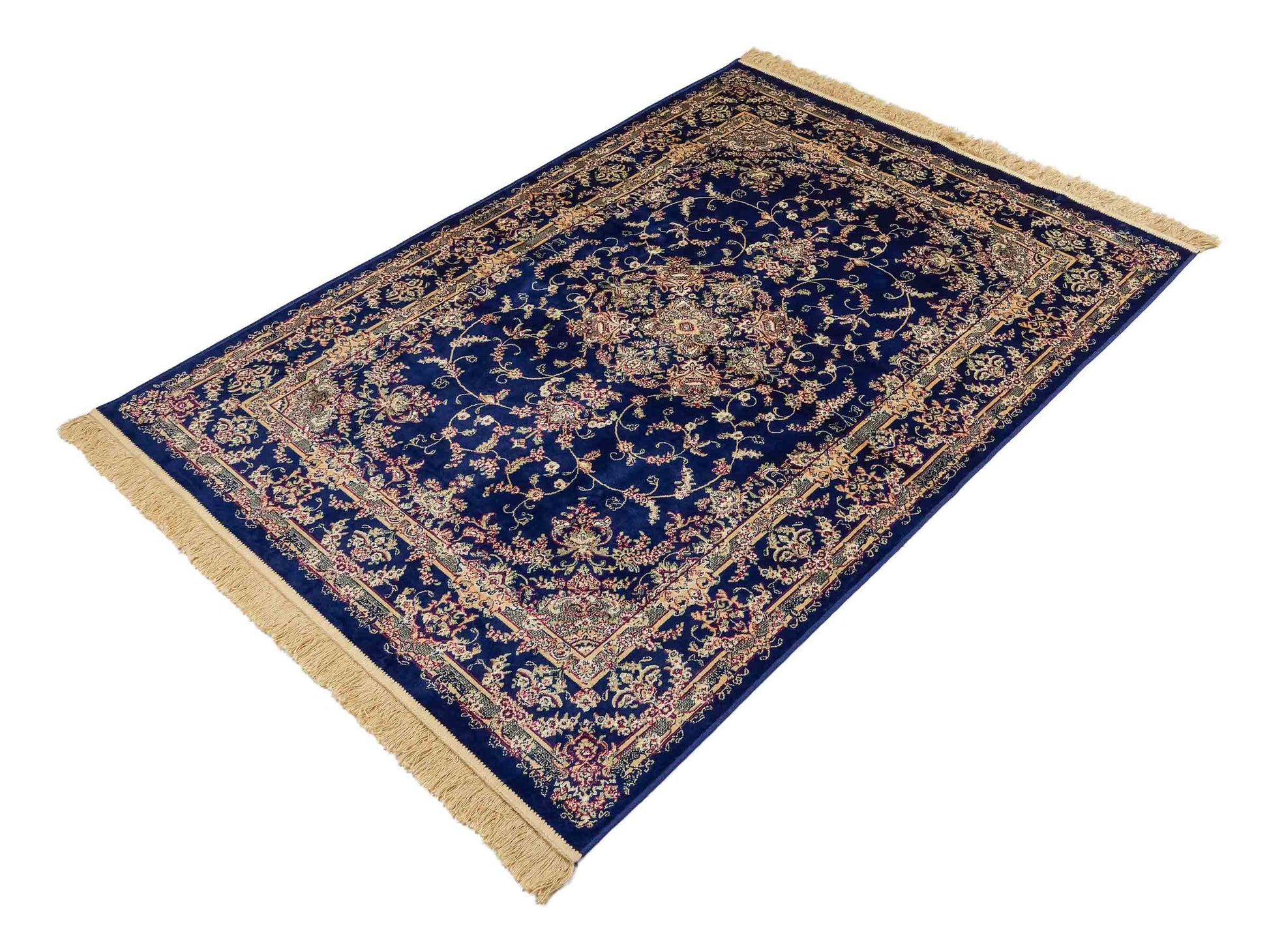 Belgischer, maschinell gefertigter Design Orientteppich aus Kunstseide, blau. 172x118 cm. Verkauf durch Jupiter Intl.